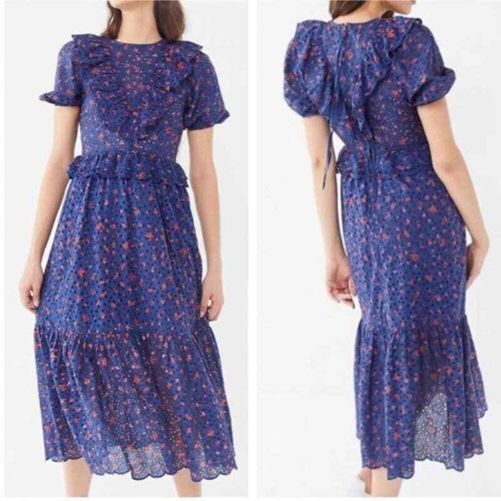 Urban Outfitters Women Blue Uma Maxi Dress Sz 0 Ruffle Cottagecore Fairy Boho